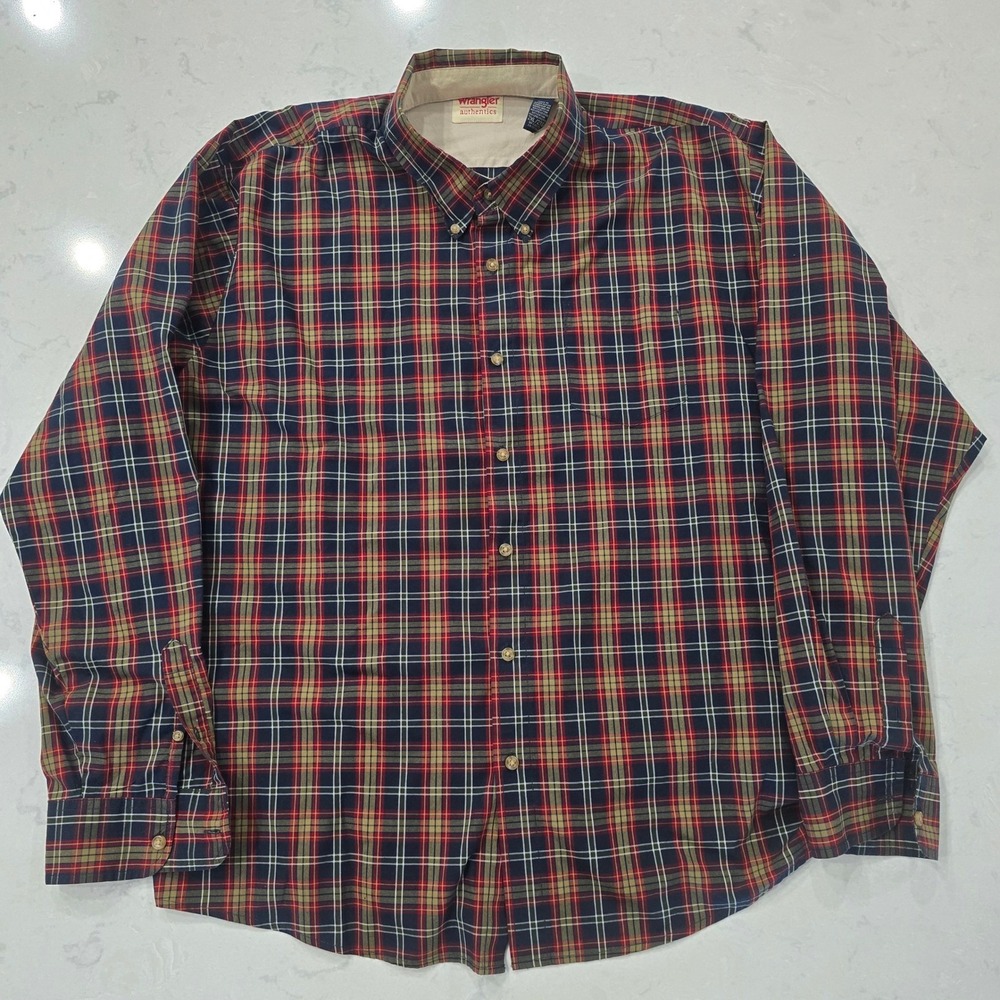 Wrangler Authentics Mens 2XL Plaid Button Down Shirt Long Sleeve Red Navy Khaki